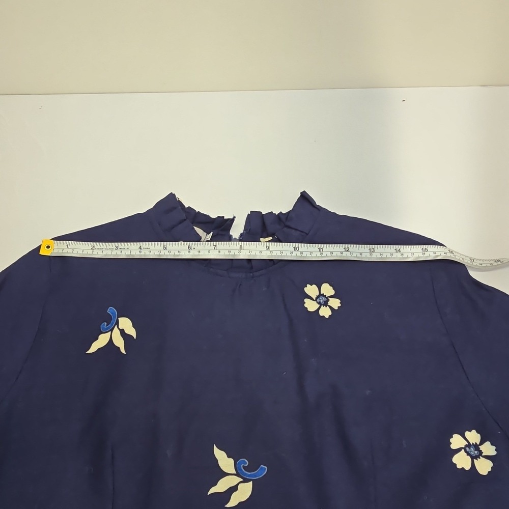 Bali Lestari Navy Blue Batik Floral Bird Print Bell Sleeve Mini Dress Large - Picture 6 of 8